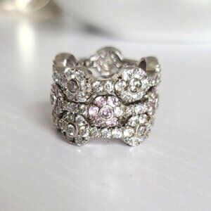 Sterling Silver Clear Pink Crystal Stackable Statement Flower Band 3 Ring Set 7